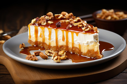 Piece of cheesecake with caramel and nuts on wooden table, a Food & Drink Photo by AlyaAnd