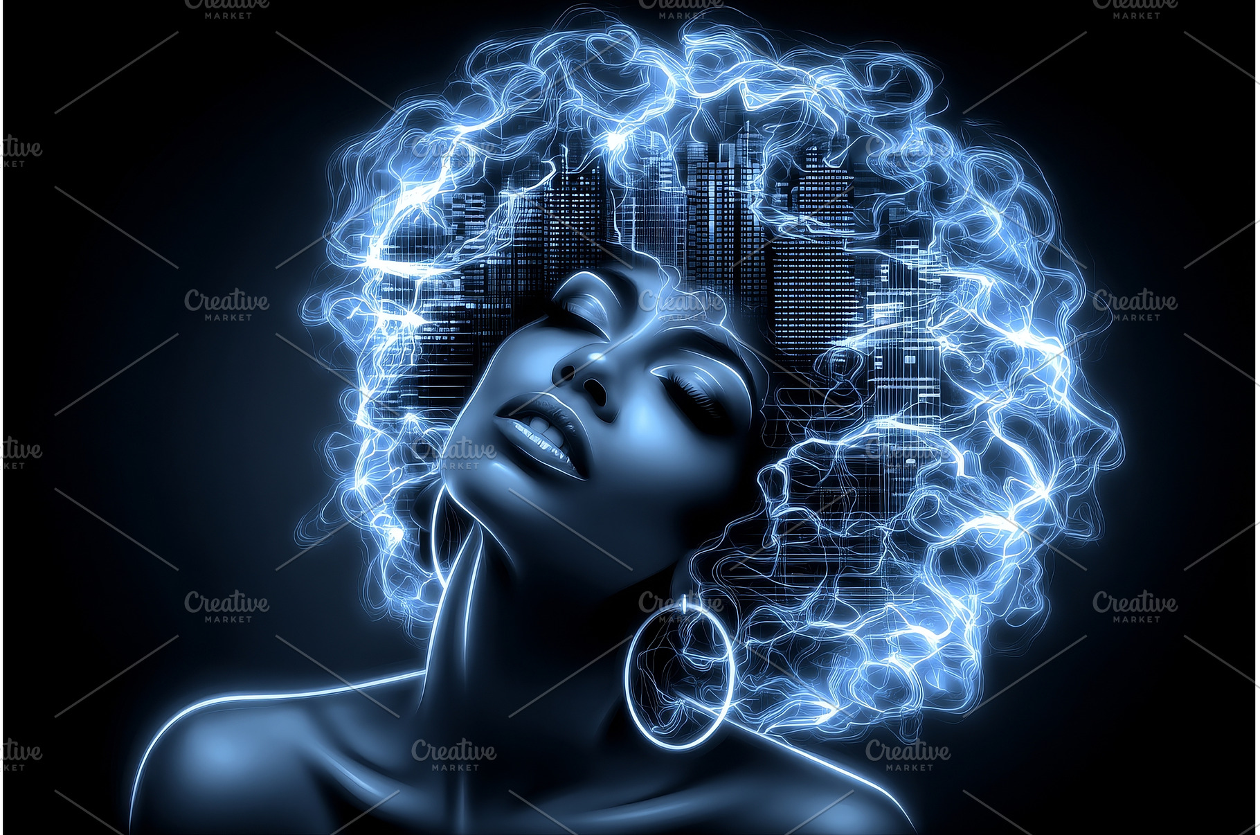 A woman with radiant hair and blue, a Technology Photo by ZinetroN