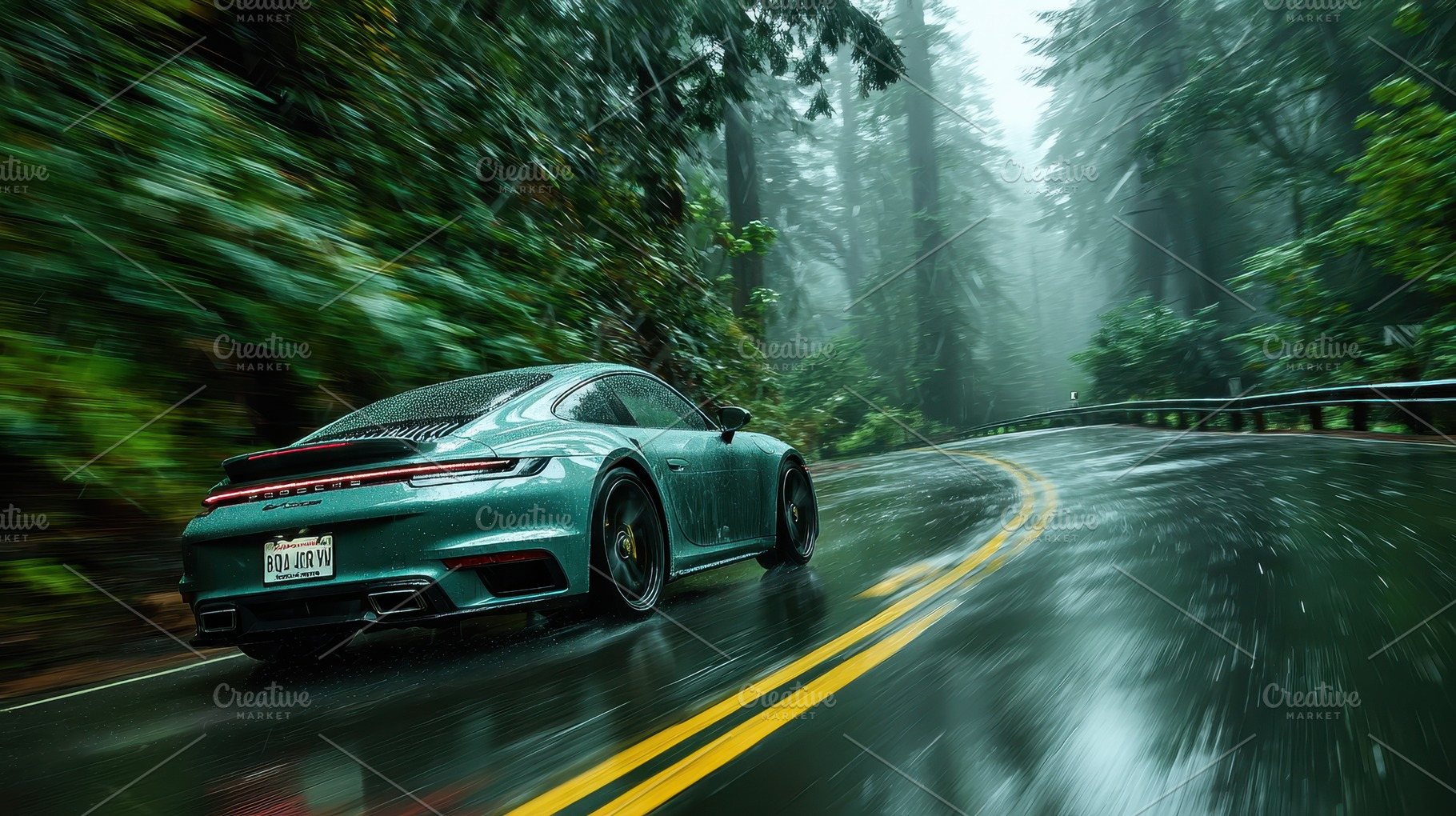 Green Porsche 911 Speeding Rain Fore, a Photo by Pixeness Studio
