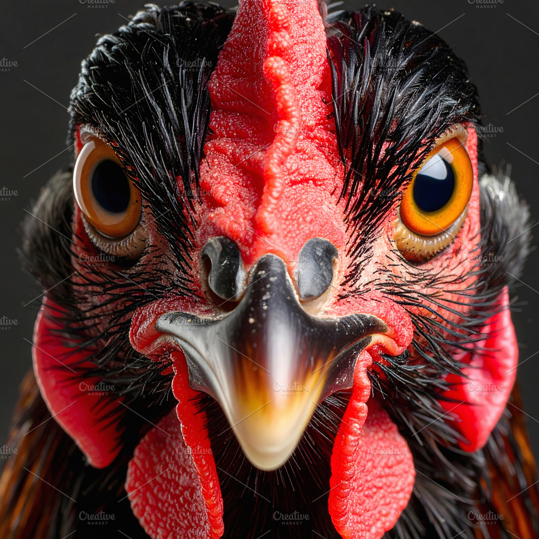 Chicken close portrait emphasizing beak details and fiery gaze, an Animal Photo by GoodGoods