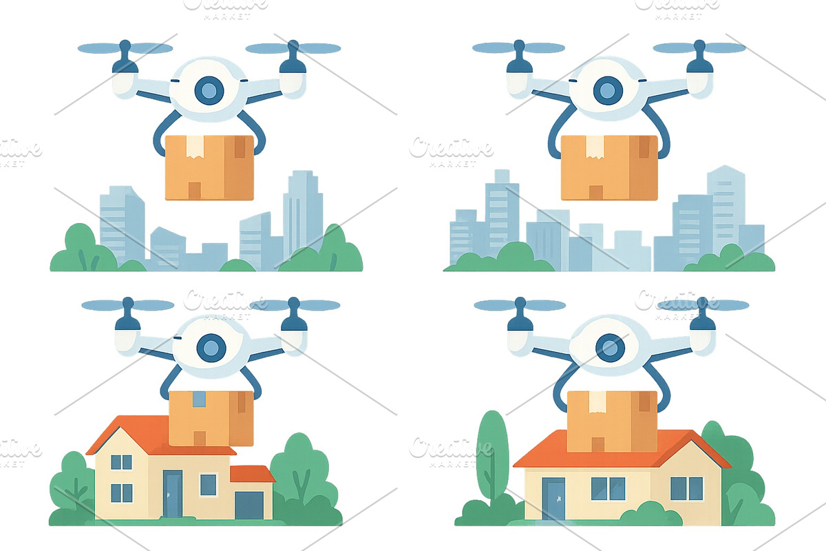 Delivery drones transport packages, a Transportation Illustration by ZinetroN
