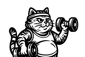 Chubby cat in workout gear lifting, an Animal Illustration by yod67