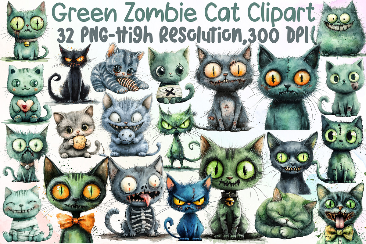 Green Zombie Cat Clipart, an Illustration by Sublimation Artist (Photo 1 of 6)