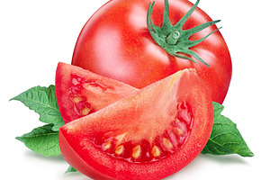 Ripe tomato with leaves and tomato slices isolated on white back, a Food & Drink Photo by Volff