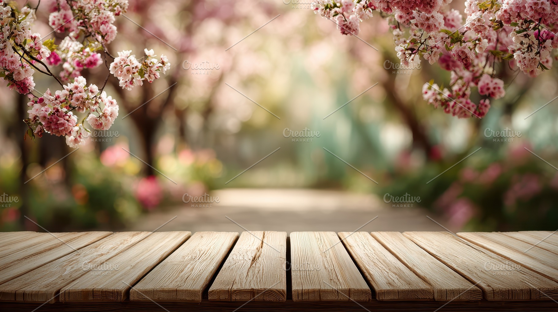 Wooden Table Spring Blossoms Pink Fl, a Photo by Pixeness Studio