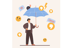 Umbrellas man bad feedback pressure, a Person Illustration by Lemberg Vector