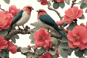 Two colorful songbirds perched on flowering branches surrounded, a Nature Photo by José Manuel Gelpi
