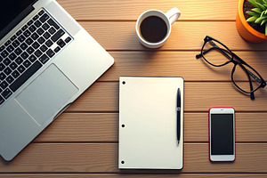 lat Lay Workspace with Coffee and No, a Photo by LOGOCREATIVE