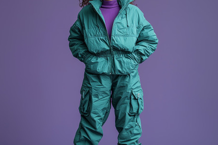 Stylish female model posing in trendy green jacket and cargo pants, a Photo by AS photostudio