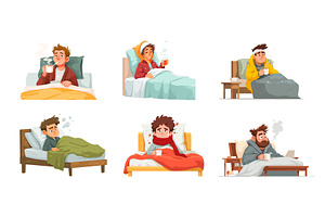 Sick men in bed cartoon vector set, a Person Illustration by Onyx