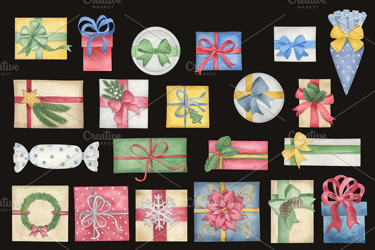 Christmas Gifts Watercolor Clipart, a Decorative Illustration by KathrineWatercolor (Photo 3 of 4)