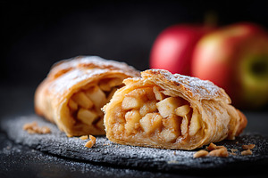 Slices of freshly baked apple strudel with a golden crust on a slate board, a Food & Drink Photo by AlyaAnd