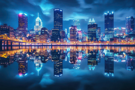 City skyline at night reflecting in, a Background Photo by Pixeness