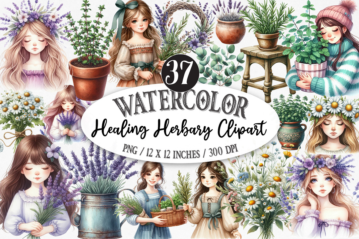 Watercolor Healing Herbs Clipart, an Illustration by Designking (Photo 1 of 5)
