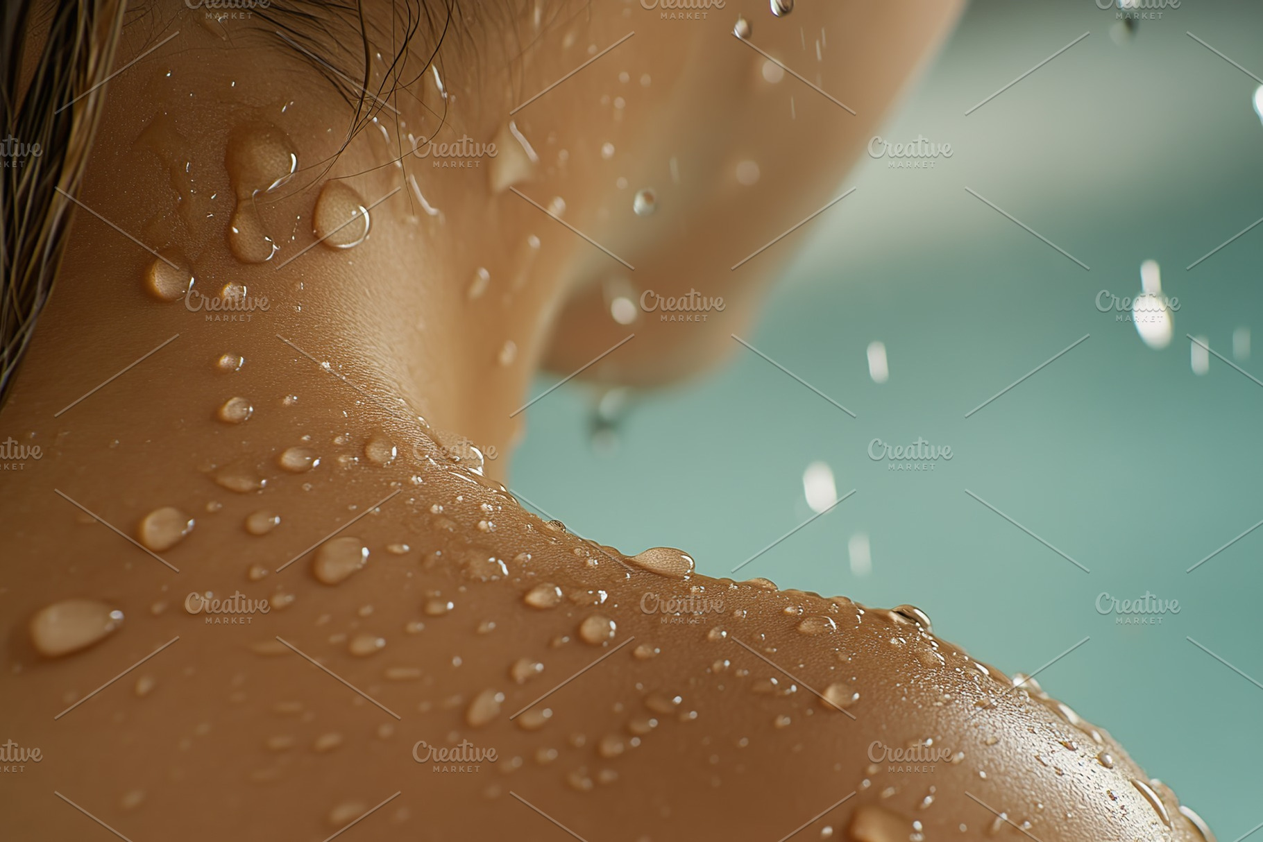 Water drops on the woman shoulder skin, a Photo by AlyaAnd
