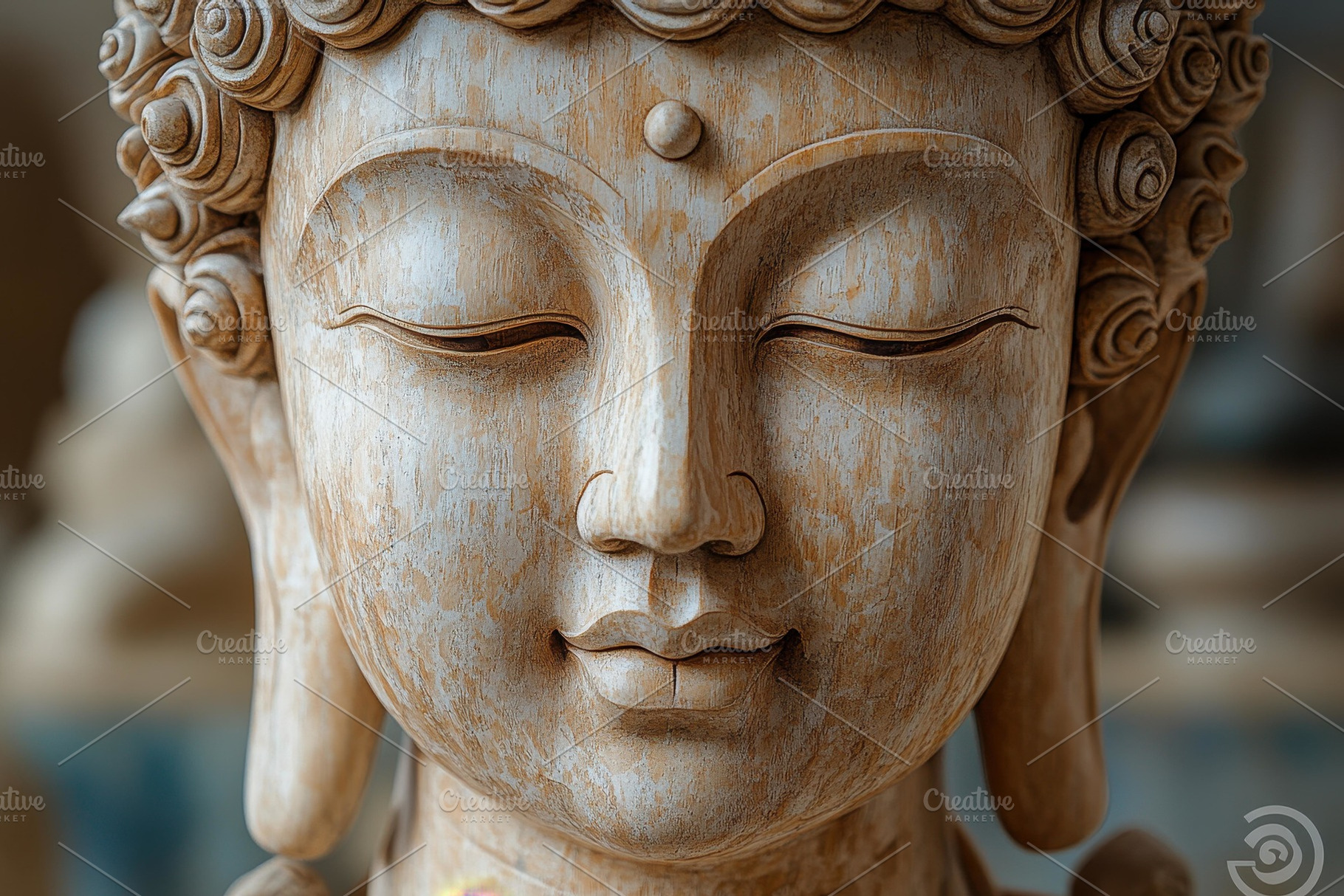 Wooden Buddha sculpture depicting tr, a Photo by Tanuart