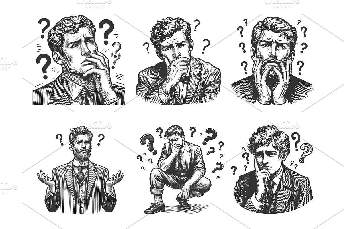Confused Man with Question Marks, a Person Illustration by AlexArt