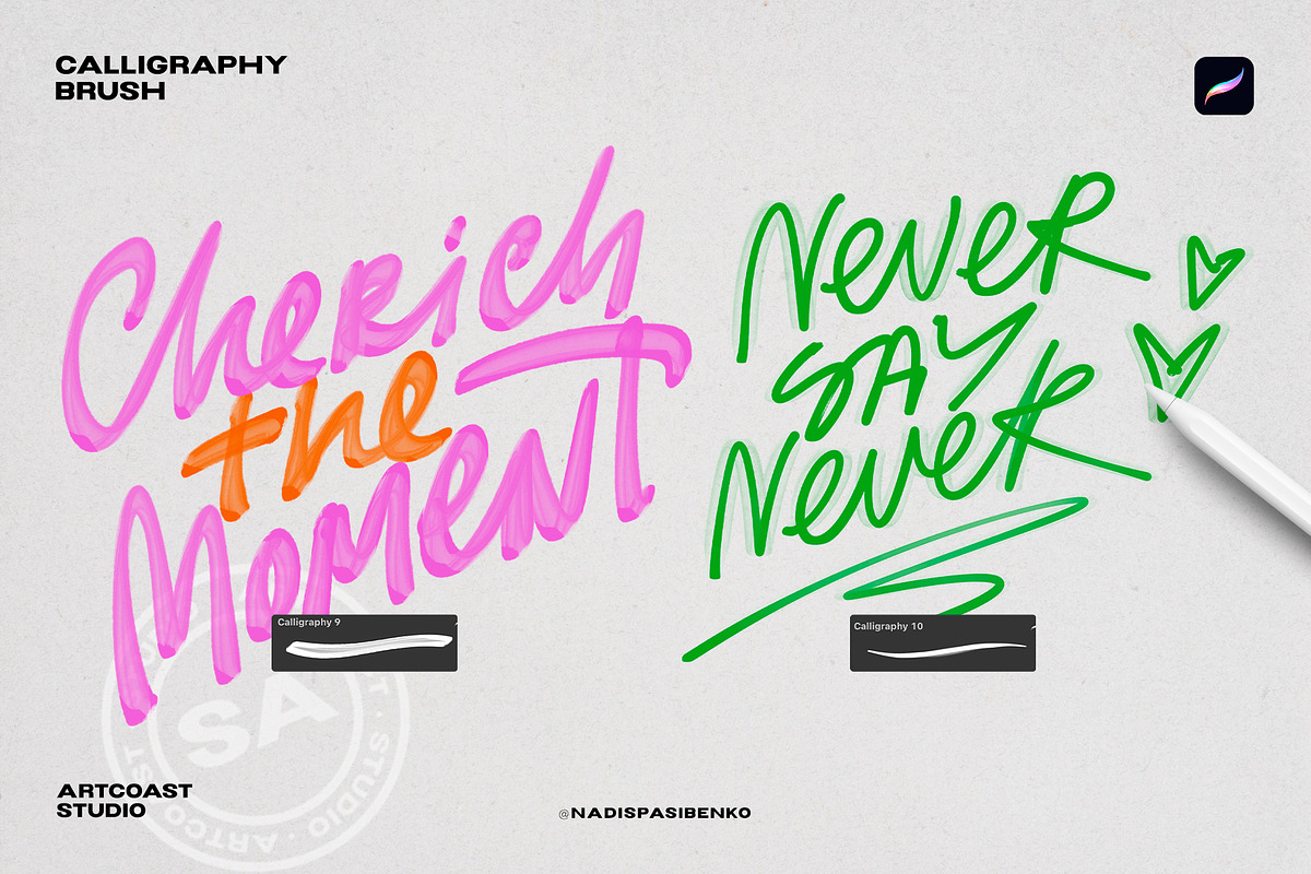 Calligraphy Brushes for Procreate, a Brush Add-On by Spasibenko Art (Photo 6 of 9)