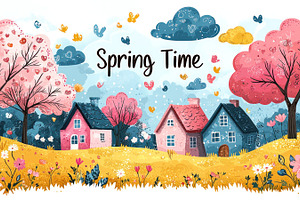 Spring landscape with pink blossom trees, colorful houses, flowe, a Holiday Photo by José Manuel Gelpi