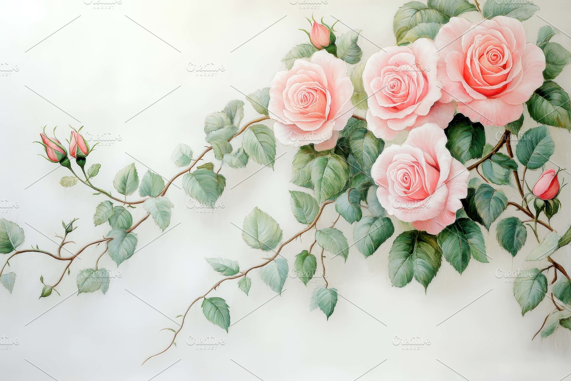 Elegant pink roses with delicate gre, a Photo by Tanuart