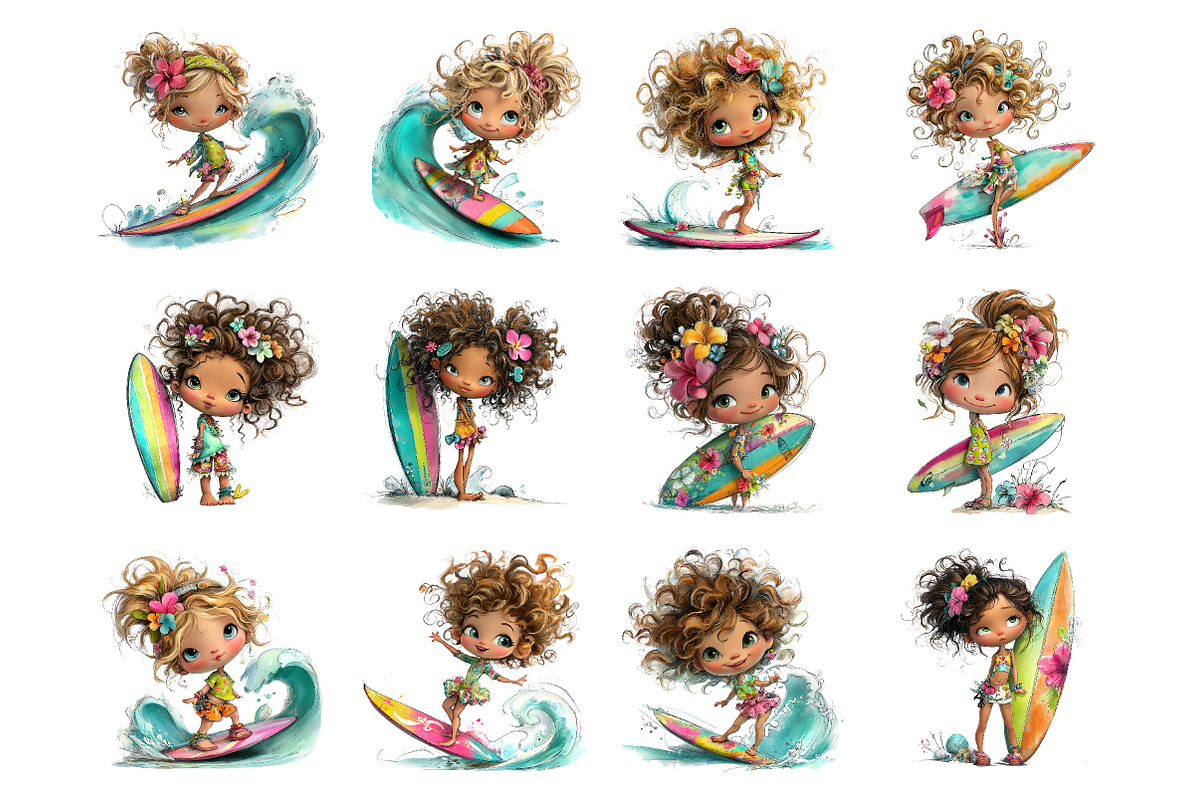 Quirky surfer girl clipart, an Illustration by SinaCreation (Photo 2 of 11)
