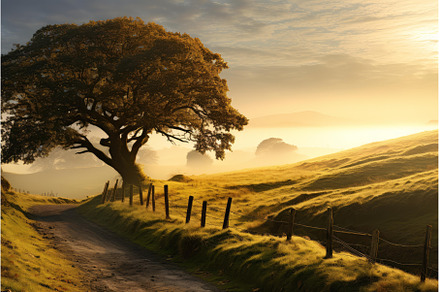 Golden sunrise over rustic, a Nature Photo by Ylivdesign