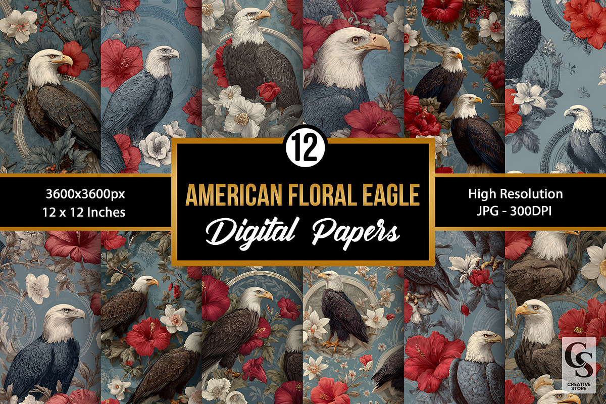 American Floral Eagle Digital Papers, a Pattern Graphic by Creative Store (Photo 1 of 5)