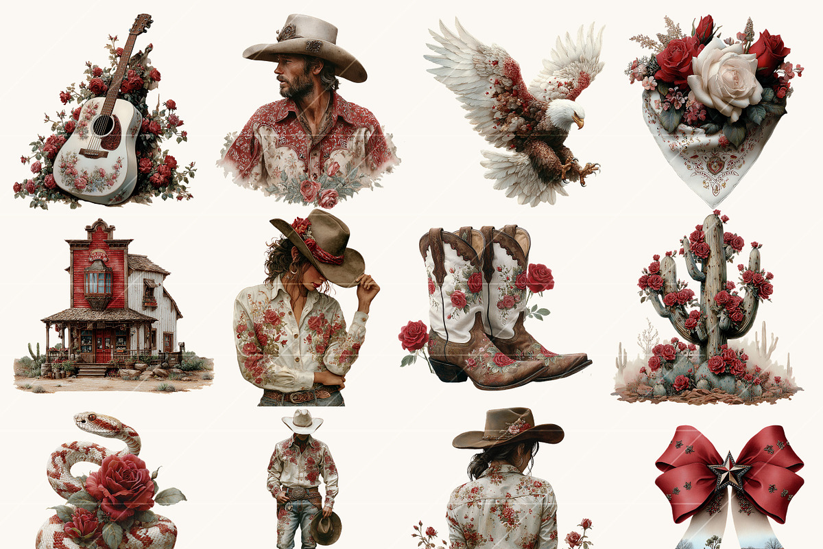 Watercolor Red Rose Western Clipart, a Person Illustration by BusyDaydesign (Photo 2 of 9)