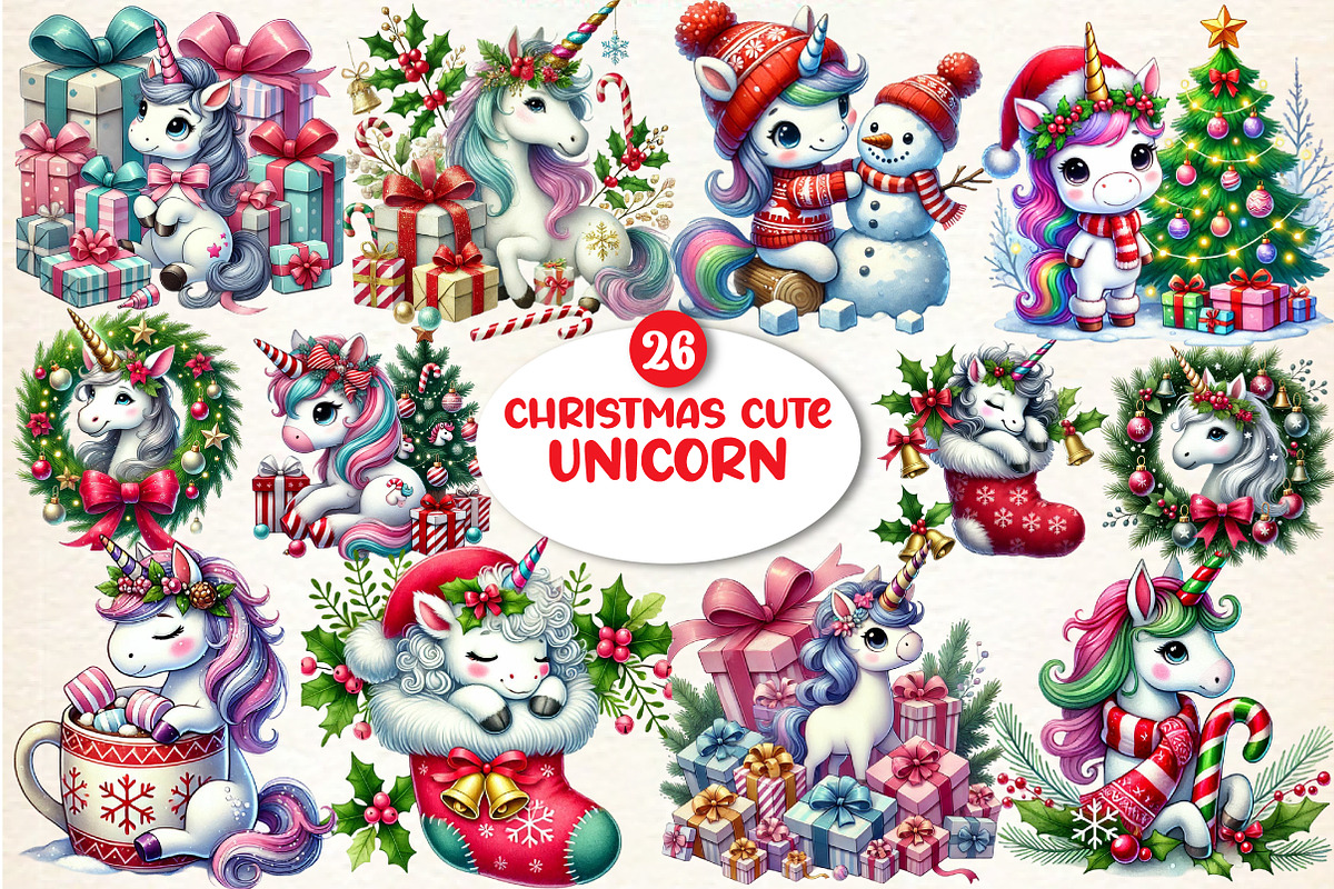 Christmas Cute Unicorn Clipart, an Illustration by DreamArtGraphic (Photo 1 of 5)