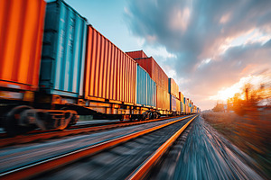 Container cars rush through a landscape at sunset near a railway track, a Transportation Photo by AlyaAnd