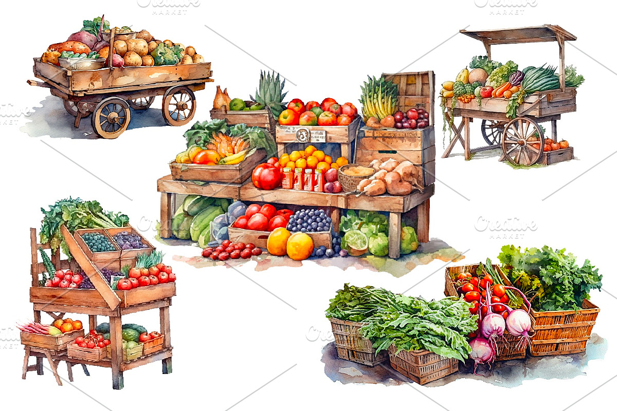 Farmer's market, watercolor clipart, a Food Illustration by AkvarelRiver (Photo 4 of 7)