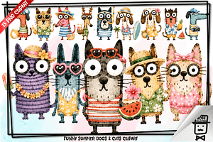 Summer Dogs and Cats Doodle Clipart