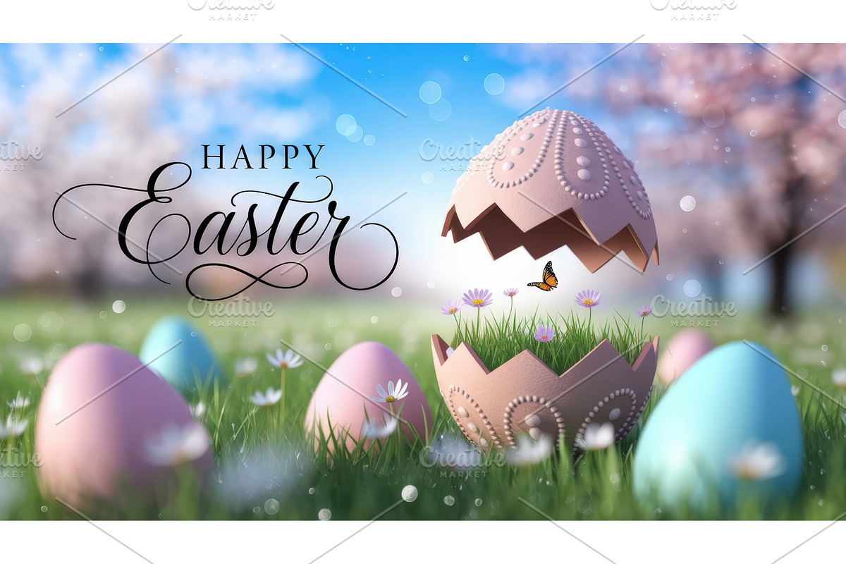 Decorative Easter eggs on a grassy, an Illustration by tilialucida