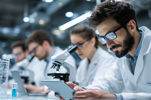 Scientist using tablet in laboratory, a Photo by Pixeness Studio