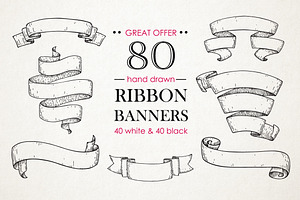 Ribbon Banners. Big Hand Drawn Set.