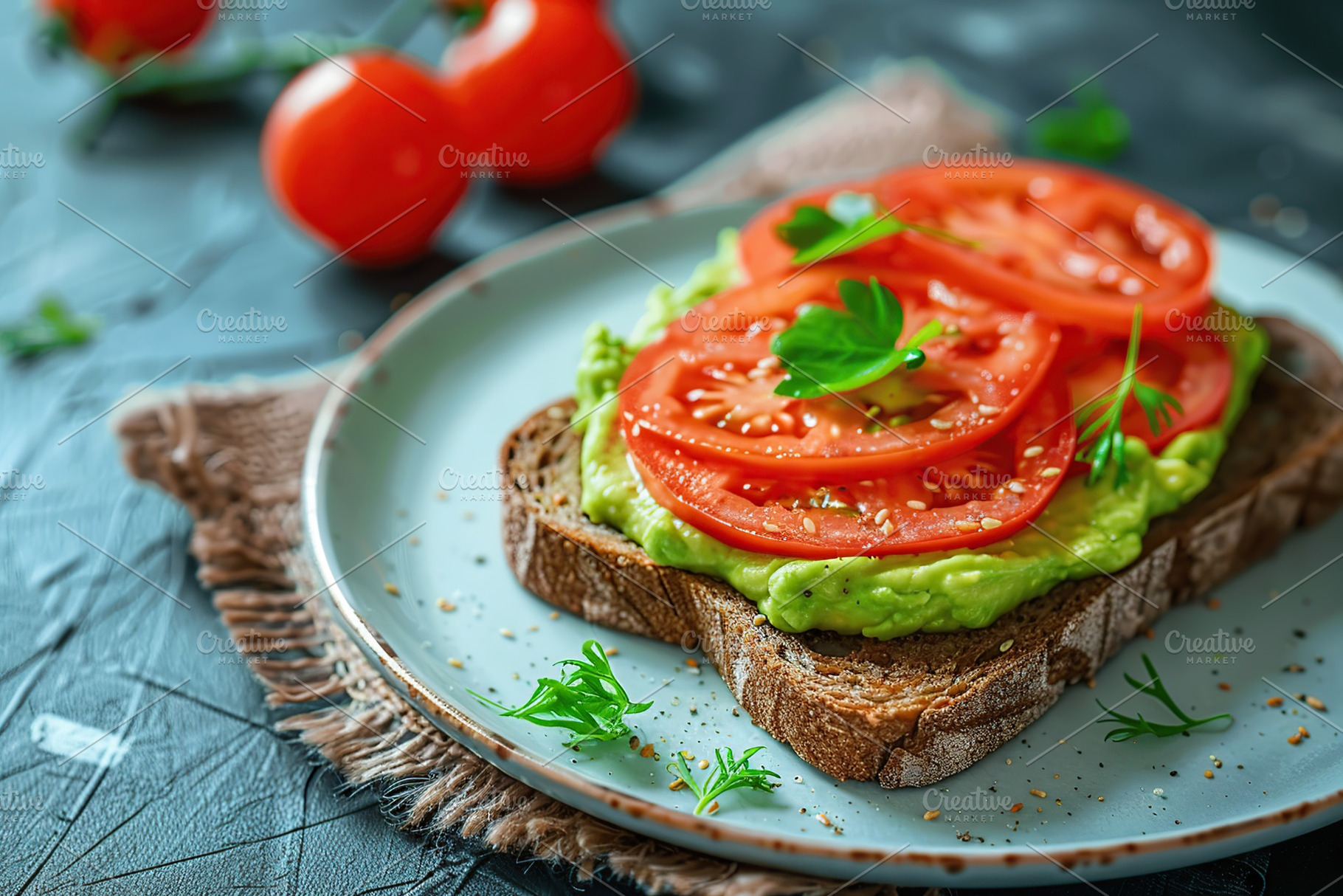 Toast bread with avocado puree and tomatoes on wooden table. Vegetarian food., a Food & Drink Photo by AlyaAnd