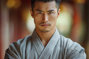 A focused Asian male in a traditional gray robe stands confidently, arms crosse, a Background Photo by ImageMir