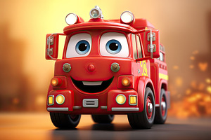 Cute Cartoon fire engine red colour 3d Character on city background