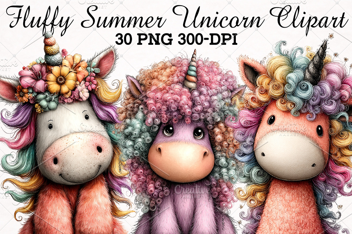 Fluffy Summer Unicorn Clipart, an Illustration by RobertsArt (Photo 1 of 5)