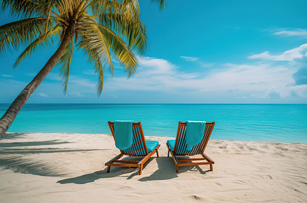 Illustration of deck chairs on sandy beach near palm tree. Generative AI, a Nature Photo by AlyaAnd
