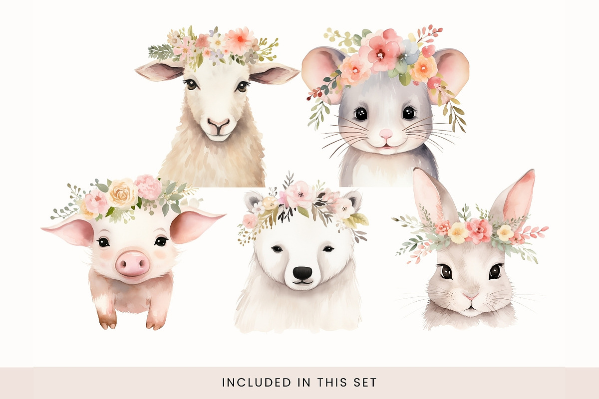 Animals in Floral Crowns Clipart, a Decorative Illustration by illuztrate (Photo 6 of 9)