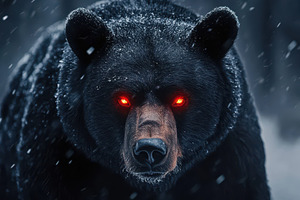 A black bear with piercing red eyes, a Photo by Pavel_design
