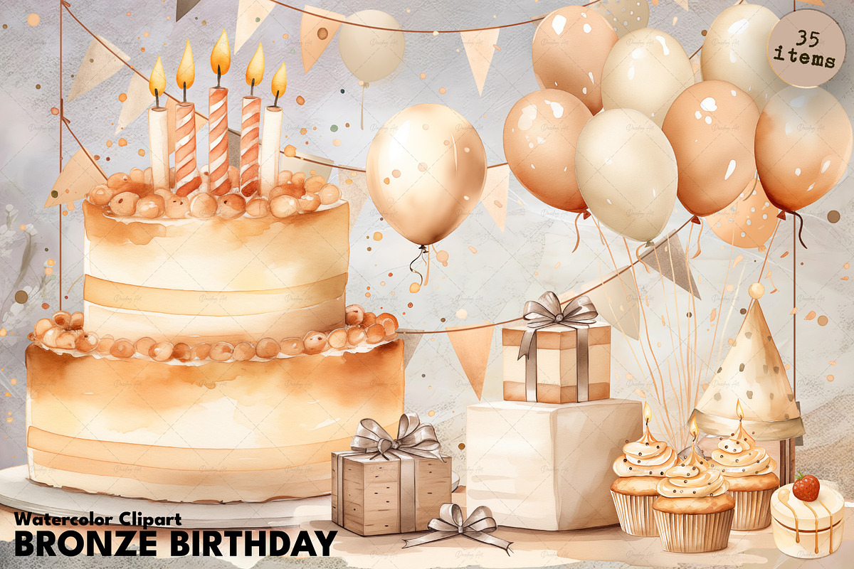 Watercolor Bronze Birthday Elegance, an Illustration by Dazzling Art Boutique (Photo 1 of 11)