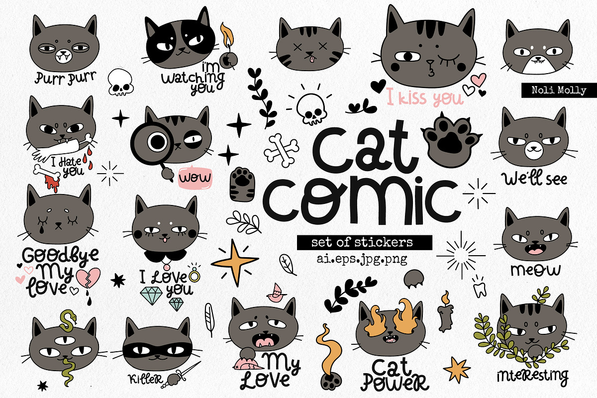 Cat comic. Funny set, an Animal Illustration by Noli Molly Store (Photo 1 of 6)