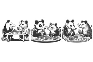 Opossums Playing Poker engraving set, an Animal Illustration by AlexArt