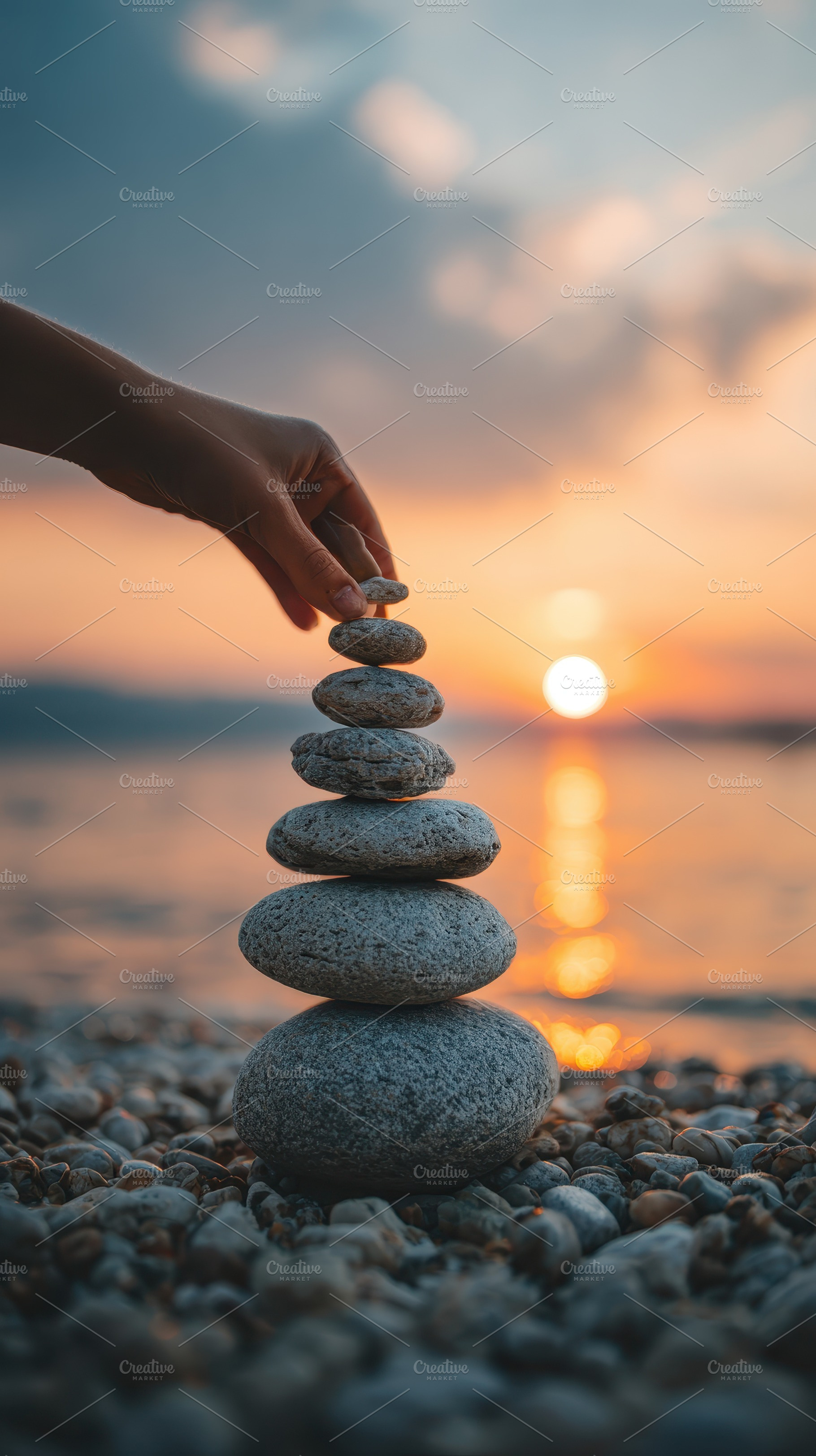 Hand placing stone on balanced rock, a Photo by Pixeness Studio
