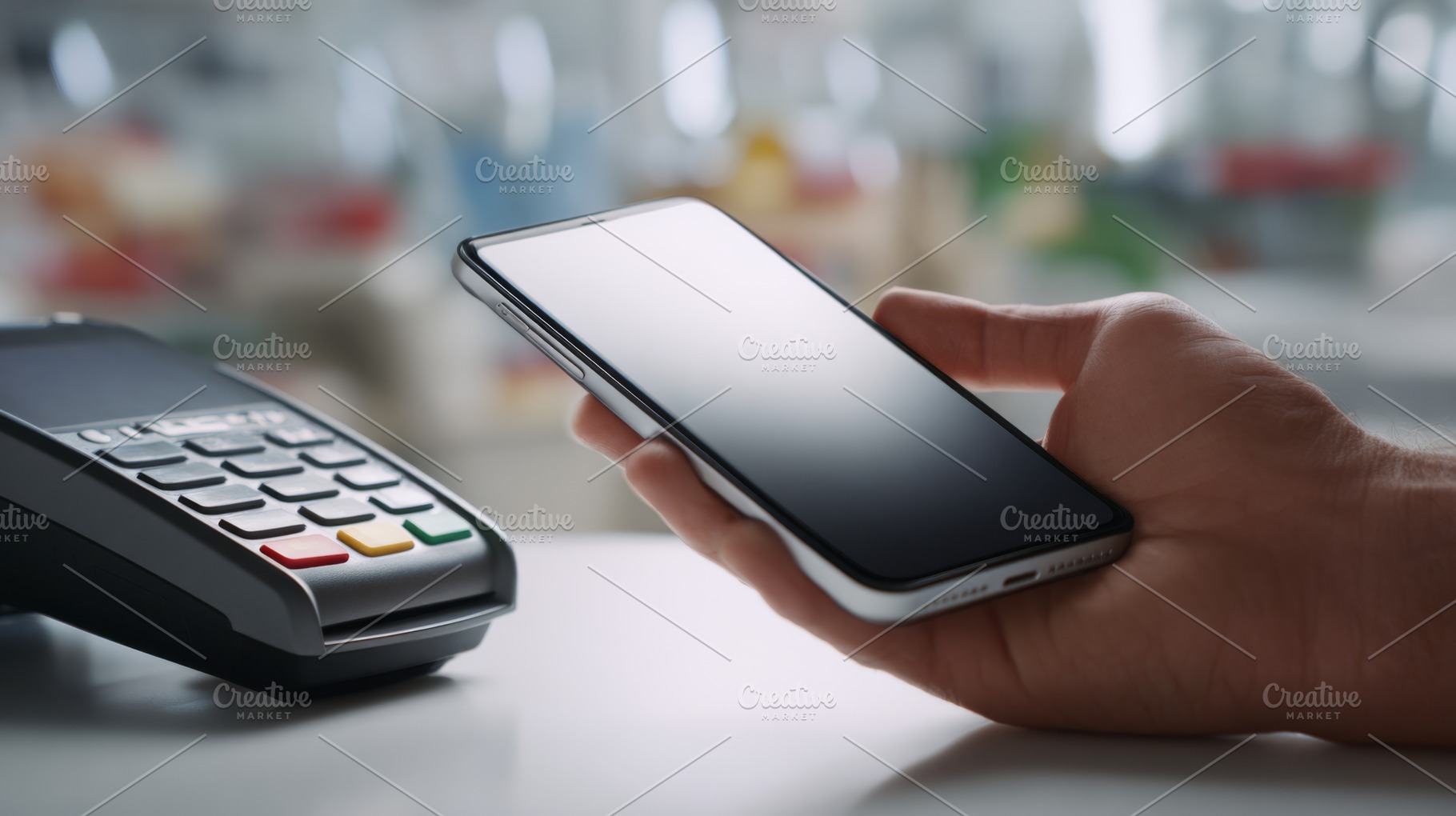 A close-up of a hand using a smartphone to make a payment at a card reader., a Business Photo by ImageMir