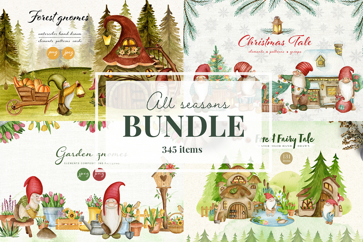 Watercolor gnomes. Big bundle, an Illustration by JuliaBadeeva (Photo 1 of 27)