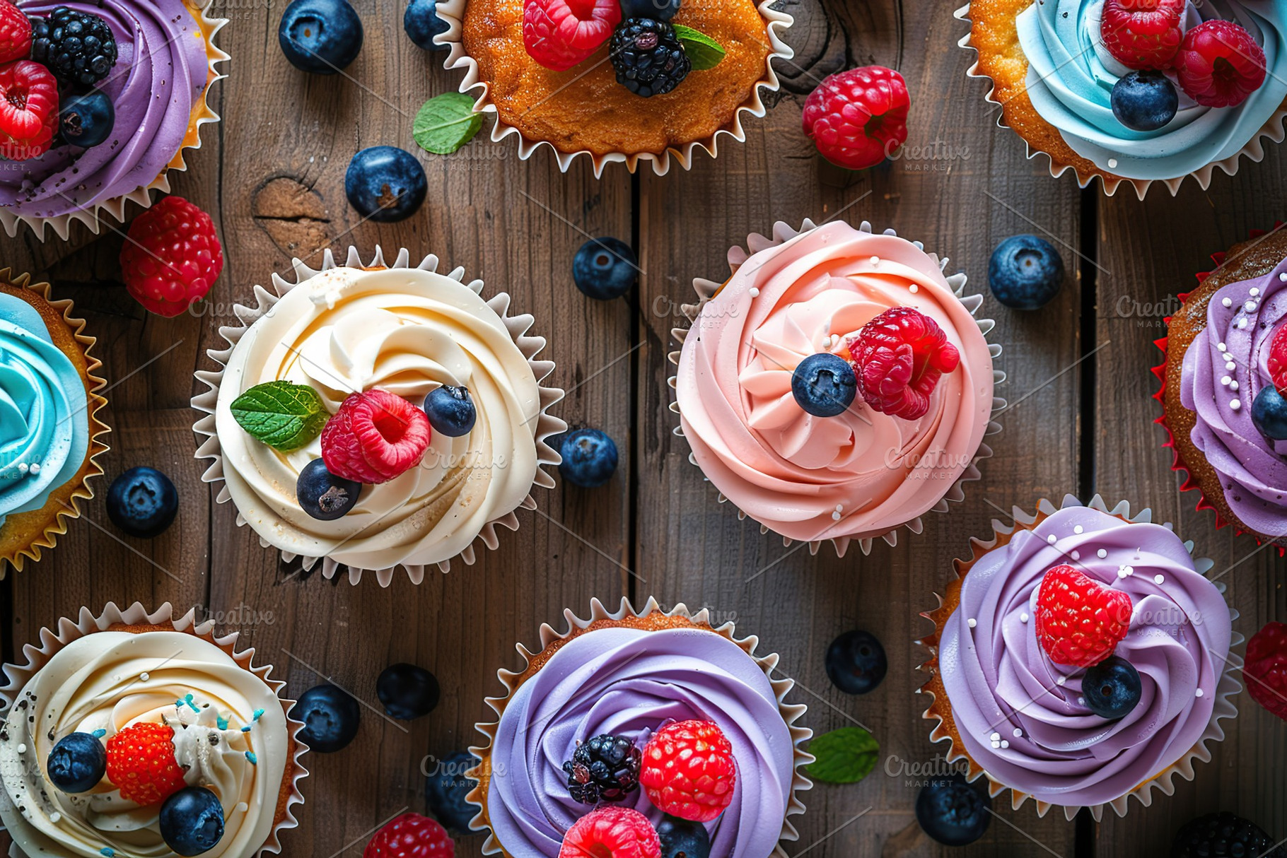 Flat lay of tasty cupcakes with butter cream and ripe berries on wooden table, a Food & Drink Photo by AlyaAnd