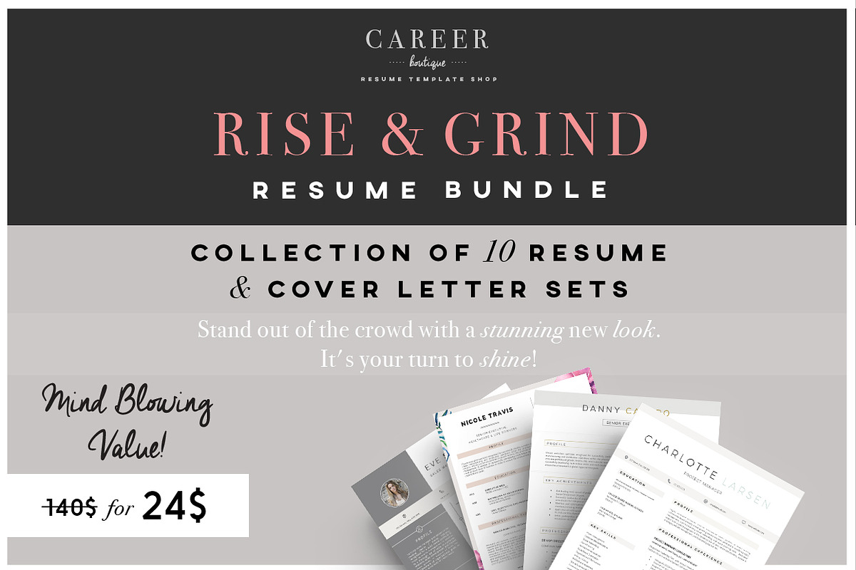 Rise & Grind-Resume & letter Bundle, a Resume Template by careerboutique (Photo 1 of 6)